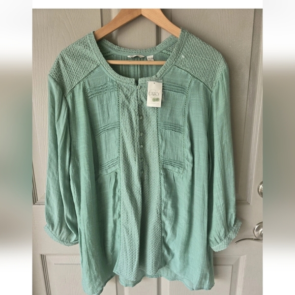 Cato Popover Blouse Sz 18/20 Plus Green Womens Cap 3/4 Sleeves Eyelet Dainty - Picture 2 of 12
